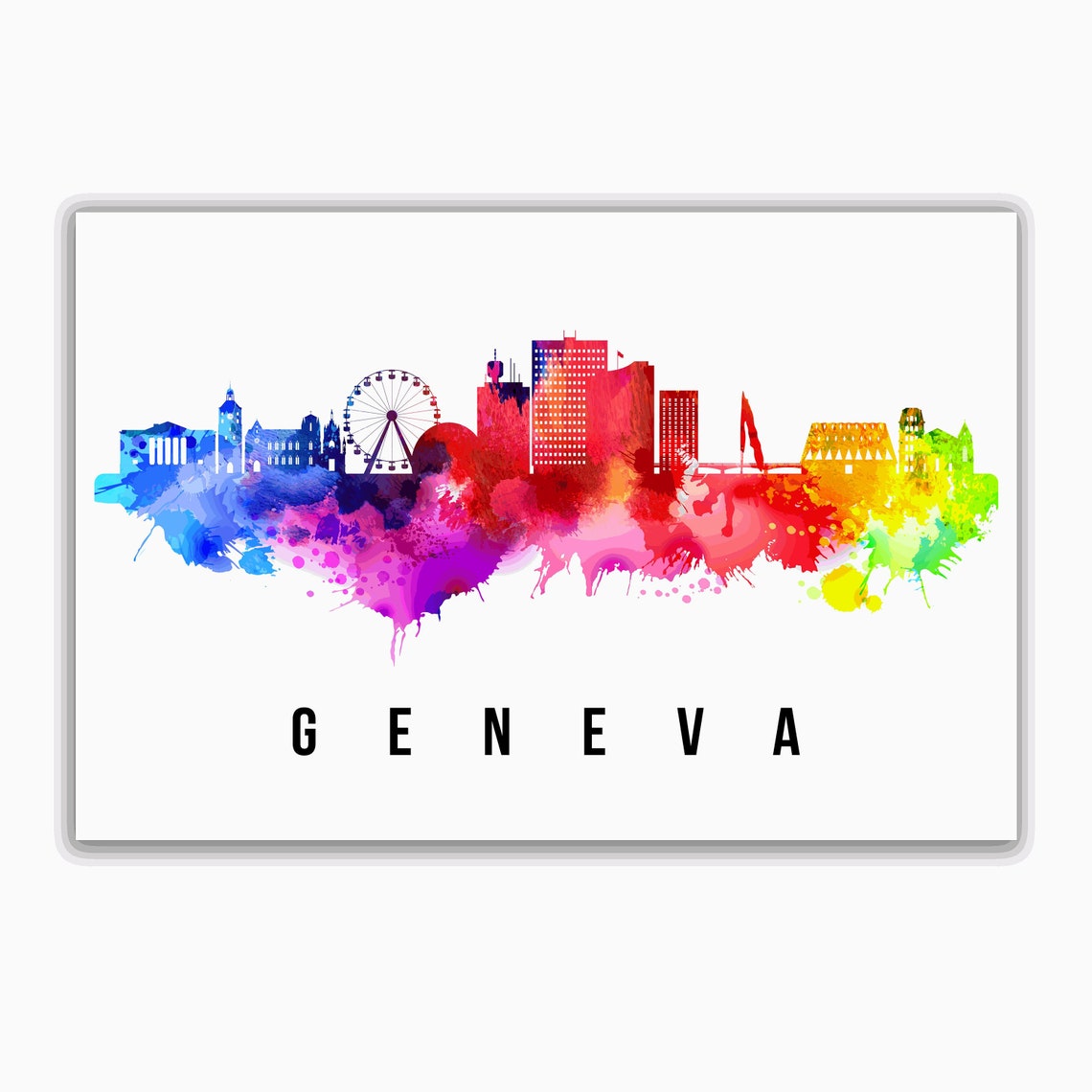 Geneva Switzerland Rainbow Watercolor Skyline Modern Art Wall Poster - Image 2
