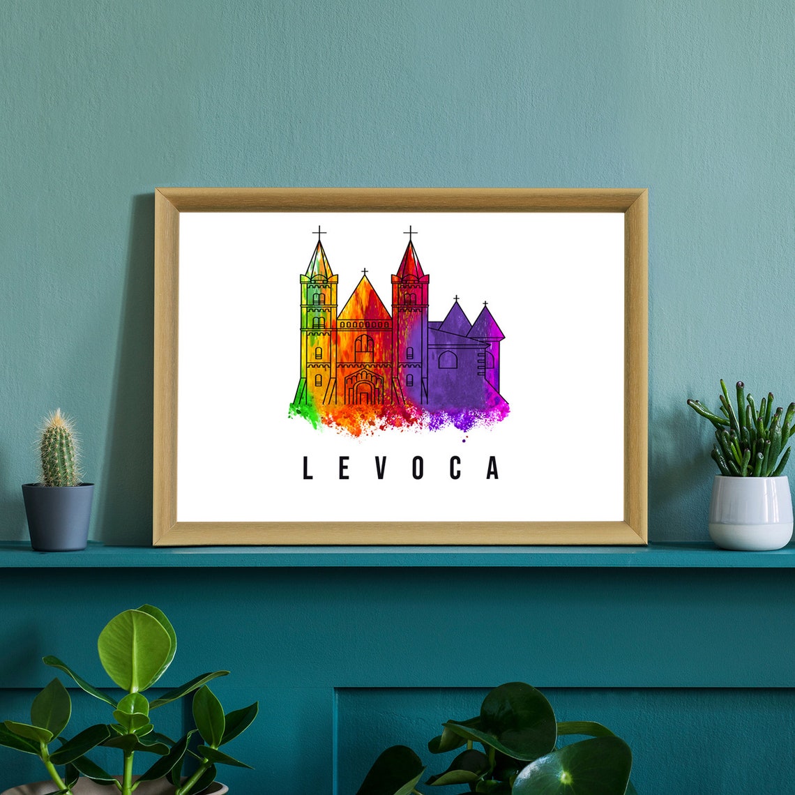 Levoca Slovakia Watercolor Rainbow Church Outline Skyline Art Poster - Image 2