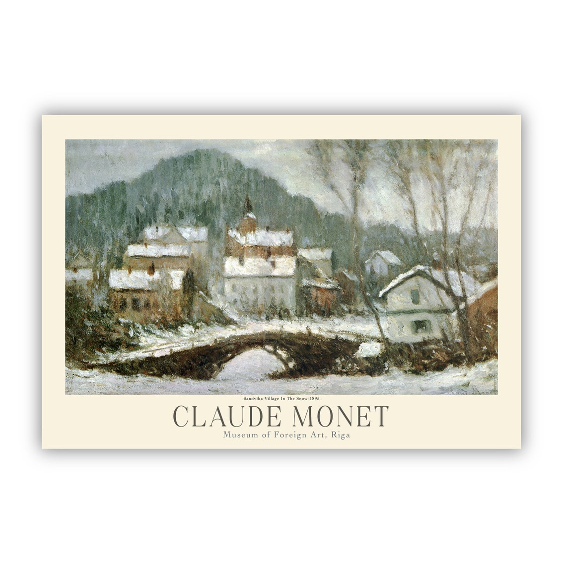 Claude Monet Sandvika Village Snowy Bridge Winter Scene Art Poster - Image 2