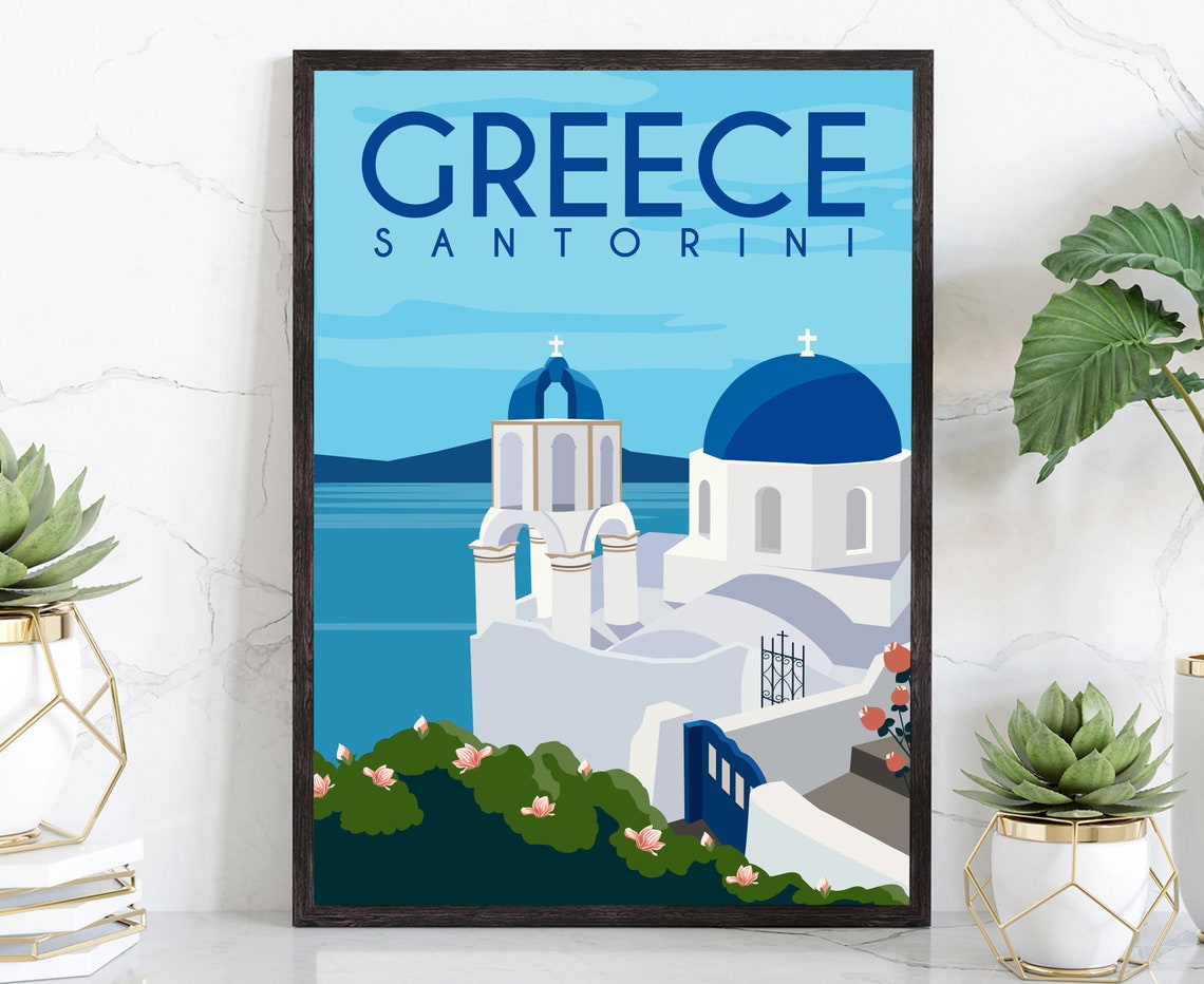 Santorini Greece Blue Domes Oia Church Caldera Retro Travel Poster
