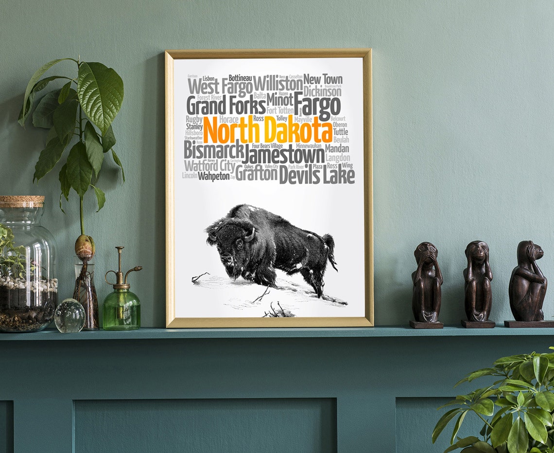 North Dakota State Cities Bison Typographic Map Vintage Travel Poster - Image 3
