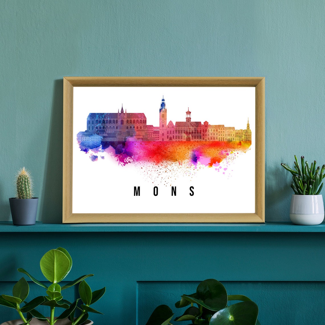 Mons Belgium Colorful Watercolor Skyline Cityscape Art Poster - Image 2