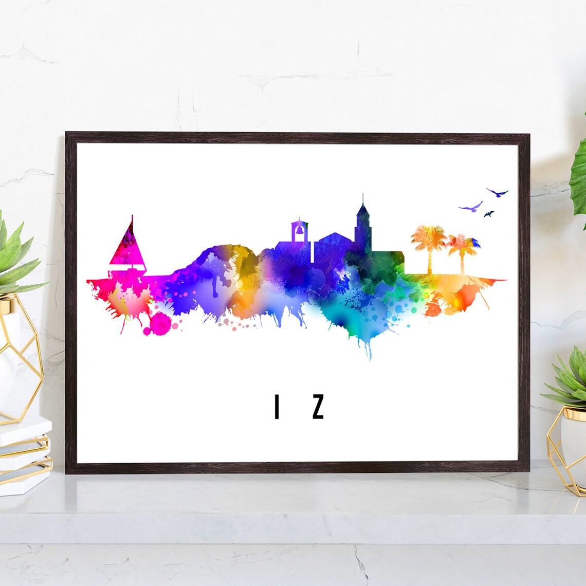 Iz Croatia Island Adriatic Watercolor Skyline Silhouette Travel Poster