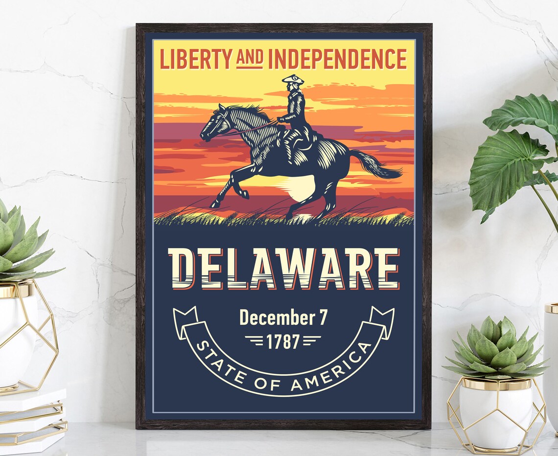 Delaware Liberty and Independence Horse Rider Sunset Vintage Poster