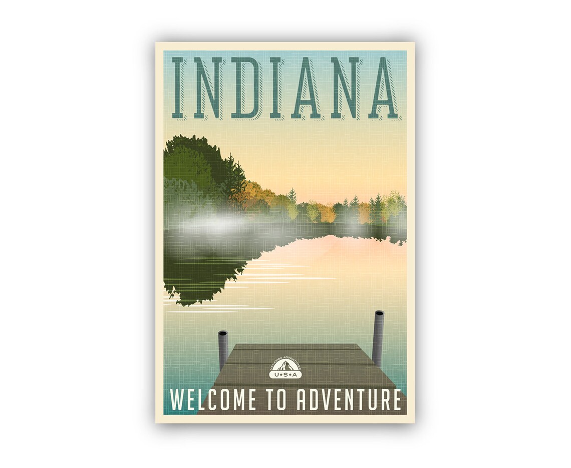 Indiana Welcome to Adventure Lake Dock Autumn Sunrise Vintage Poster - Image 2