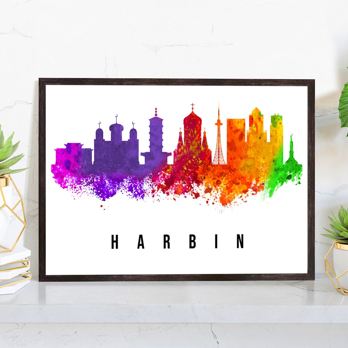 Harbin China Colorful Watercolor Skyline Silhouette Travel Poster