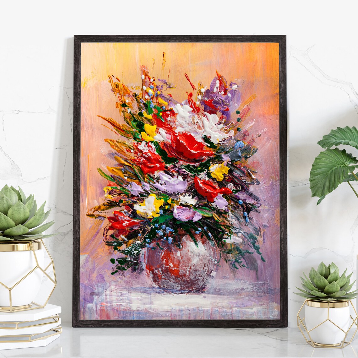 Bright Colorful Flower Bouquet Impasto Oil Painting Vase Wall Art