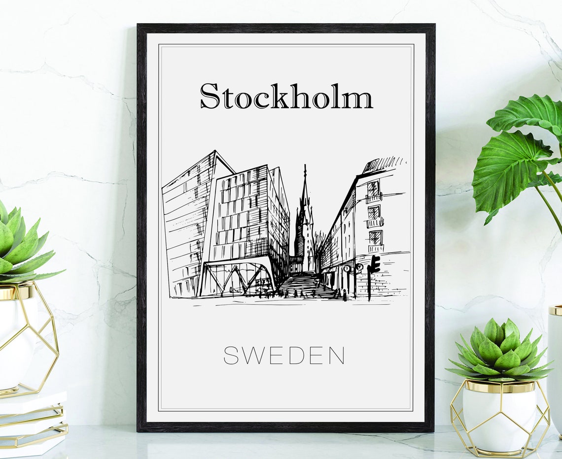 Hand Drawn Poster Stockholm Travel Poster Sweden Poster Wall Art Stockholm Cityscape And Landmark Map Sweden City Map Poster For Home