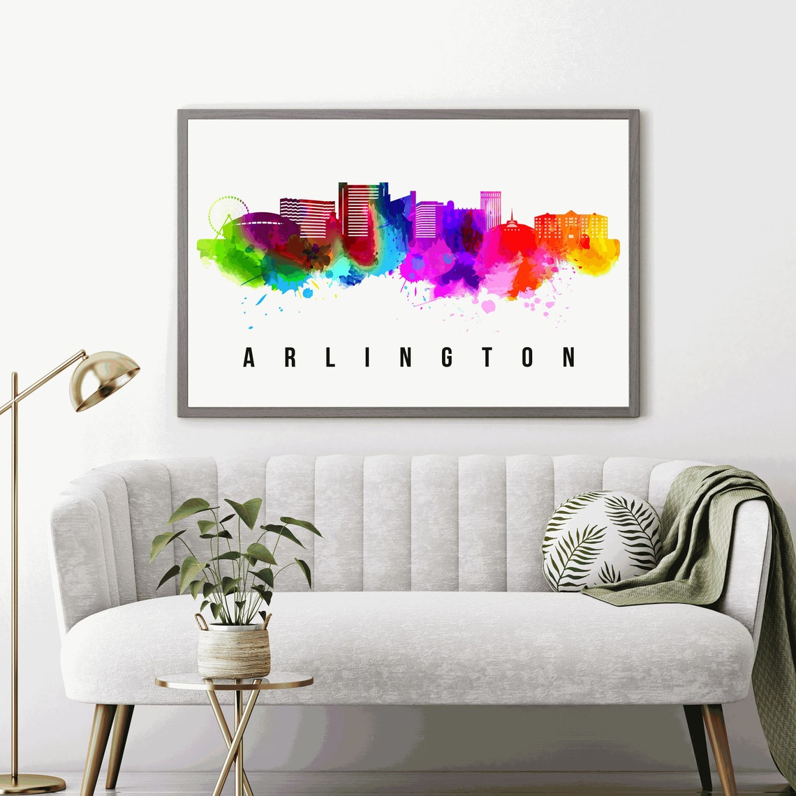 Arlington Texas Rainbow Watercolor Skyline Cityscape Art Poster - Image 3