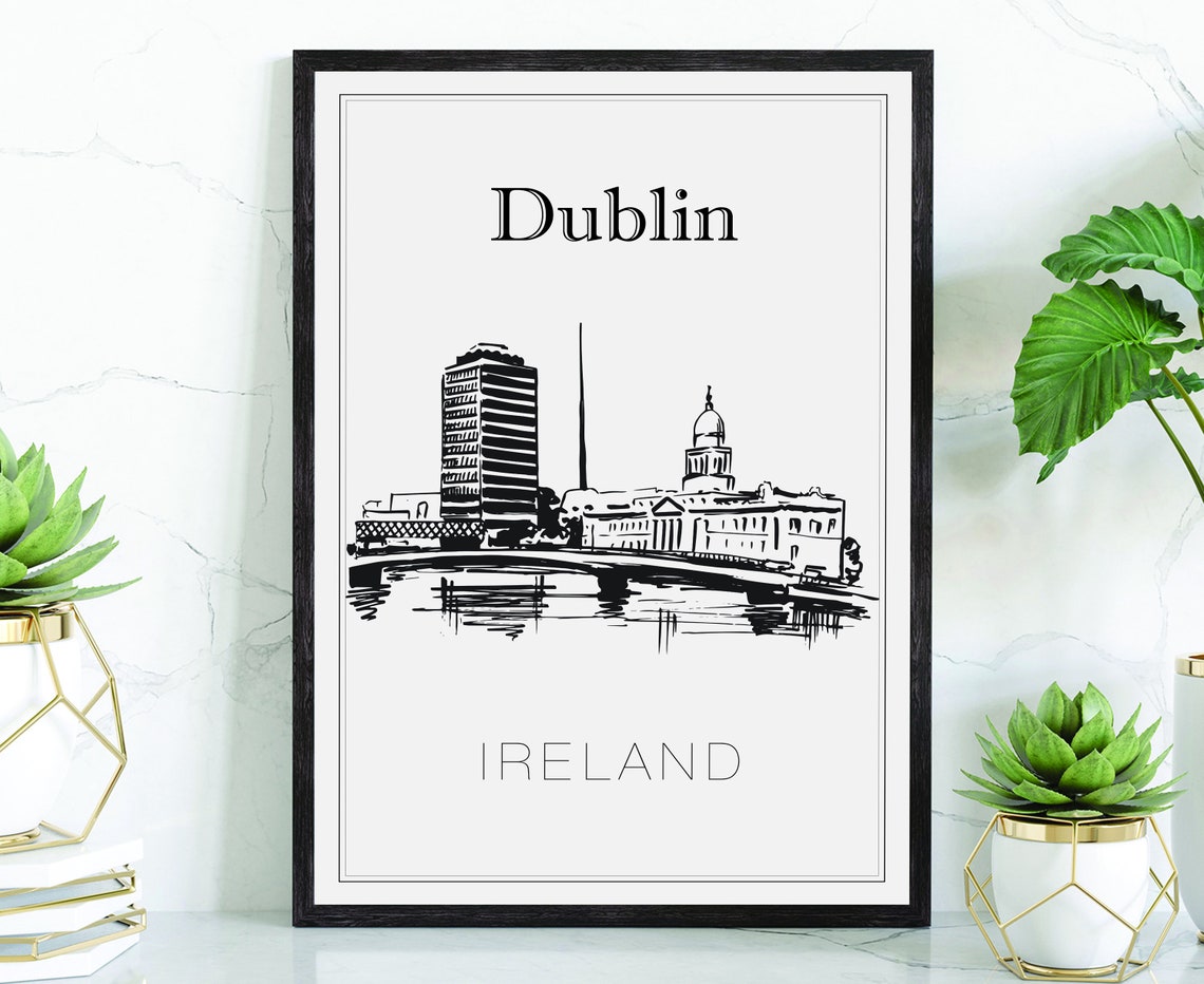 Dublin Ireland Hand Drawn Skyline Sketch Black White Line Art Poster