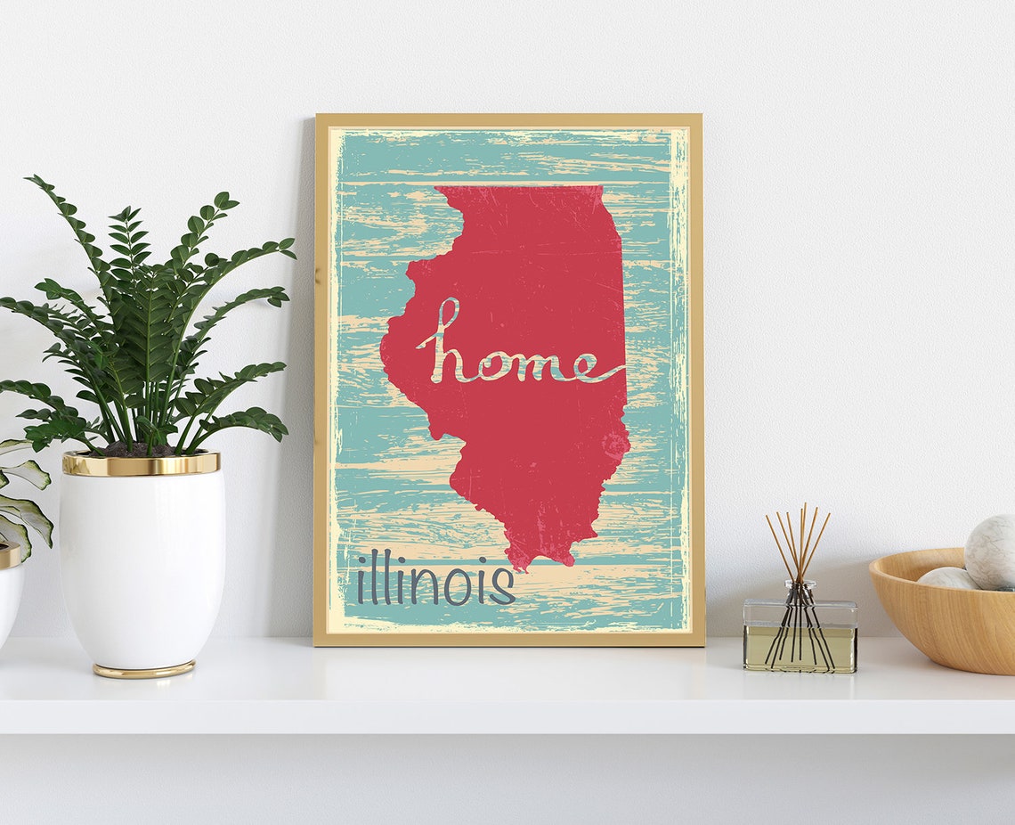 Illinois Home State Map Red Silhouette Retro Style Wall Poster - Image 3