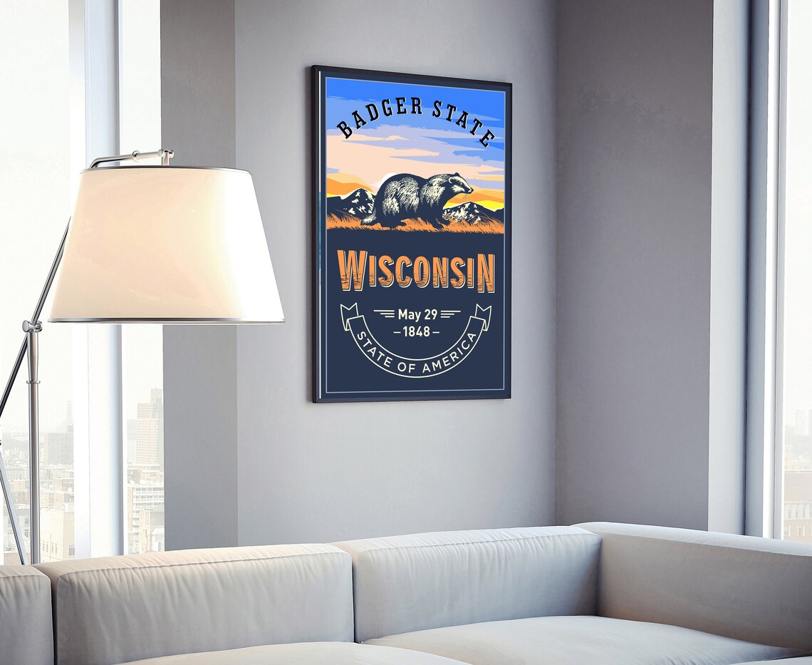 Wisconsin Badger State Emblem Retro Statehood Vintage Wall Art Poster - Image 4