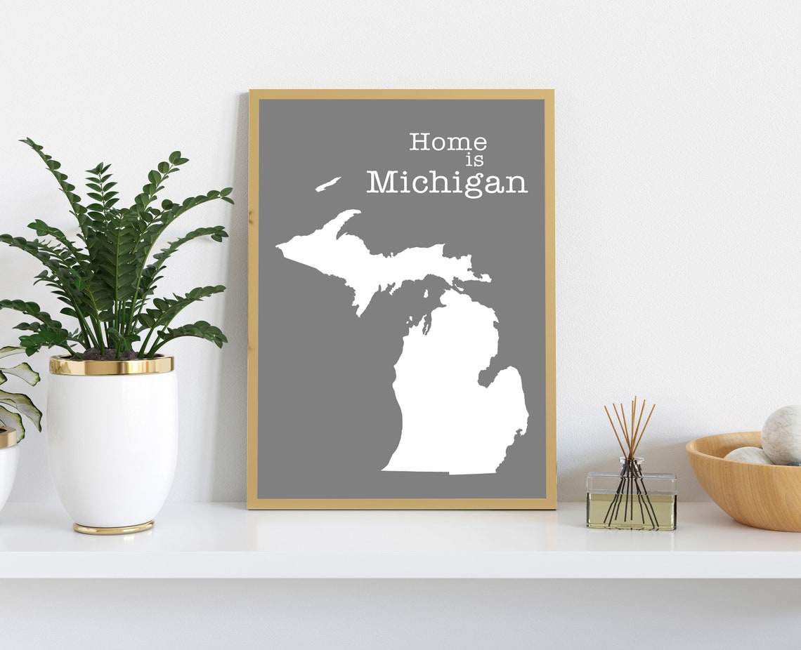 Michigan Home Is Michigan White On Gray Minimalist Map Wall Art Print - Image 2