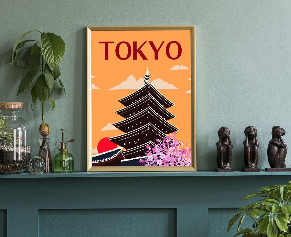Tokyo Five Story Pagoda Cherry Blossoms Rising Sun Retro Travel Poster - Image 3