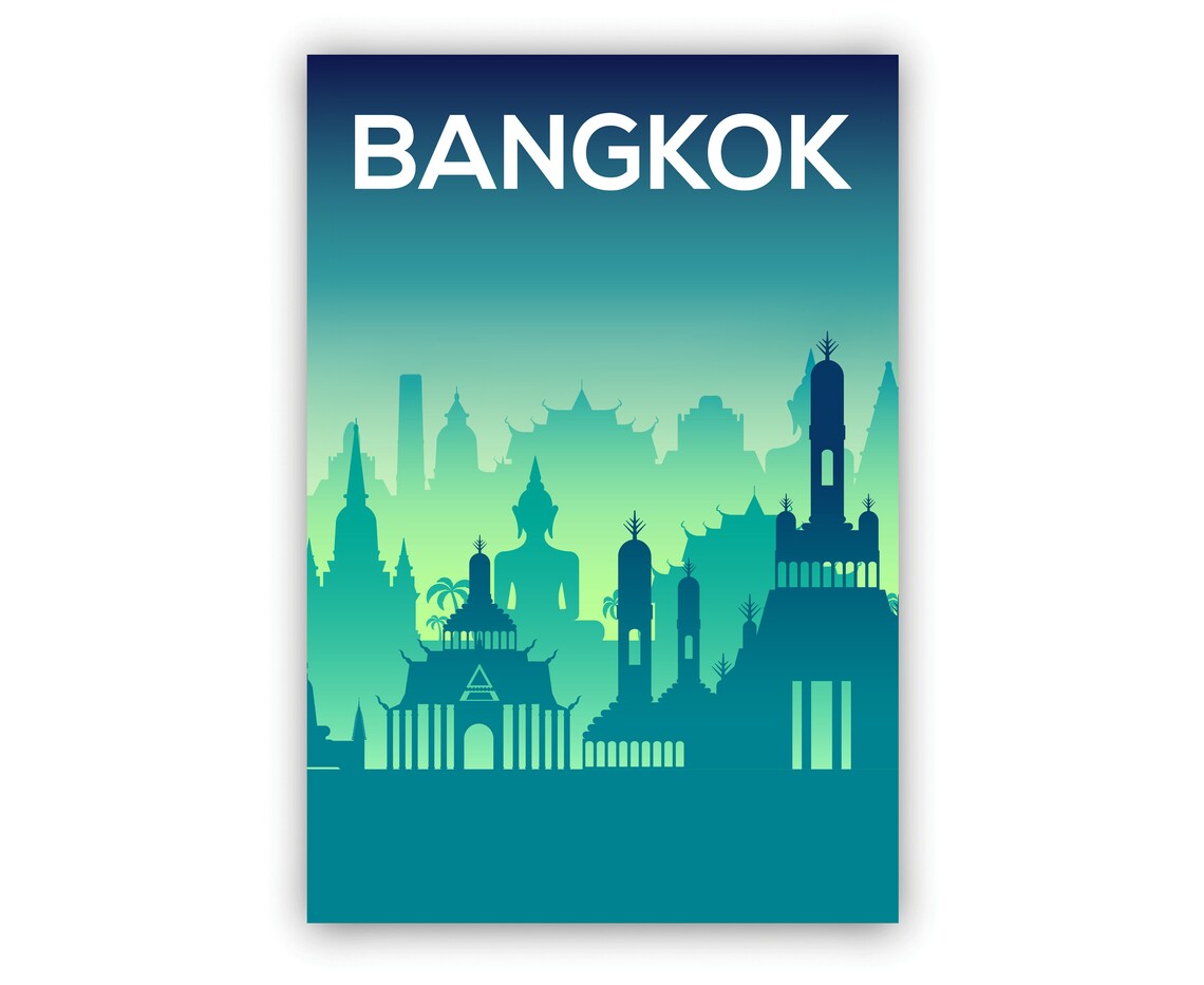 Bangkok Thailand Temple Buddha Skyline Teal Minimalist Travel Poster - Image 2