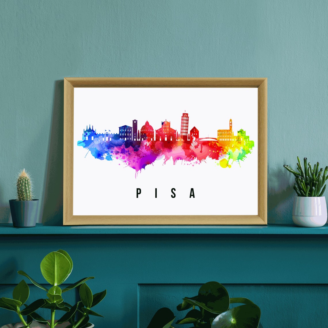 Pisa Italy Rainbow Watercolor Leaning Tower Skyline Silhouette Poster - Image 3