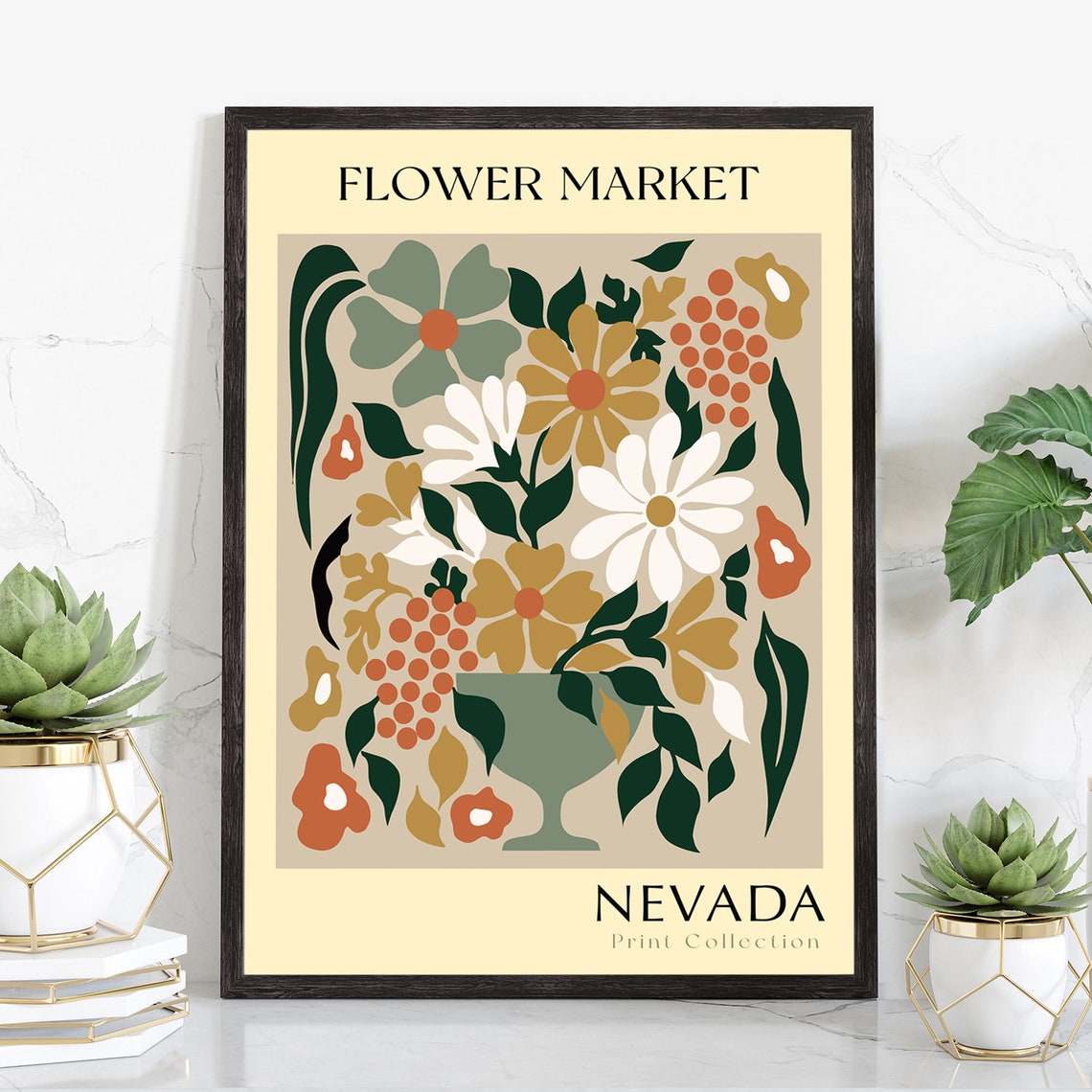 Nevada Flower Market Vase Arrangement Green Gold Botanical Art Poster