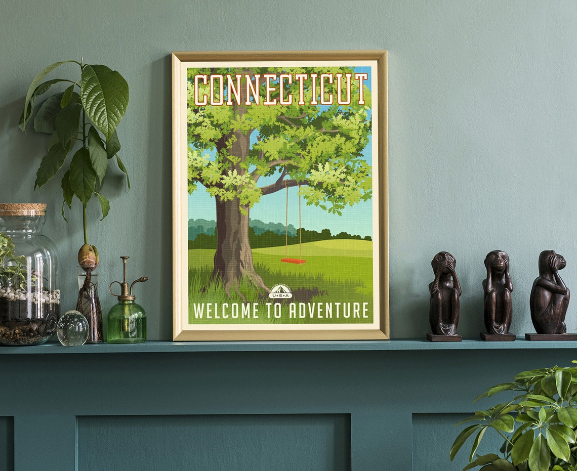 Connecticut Oak Tree Tire Swing Meadow Retro Adventure Travel Poster - Image 3