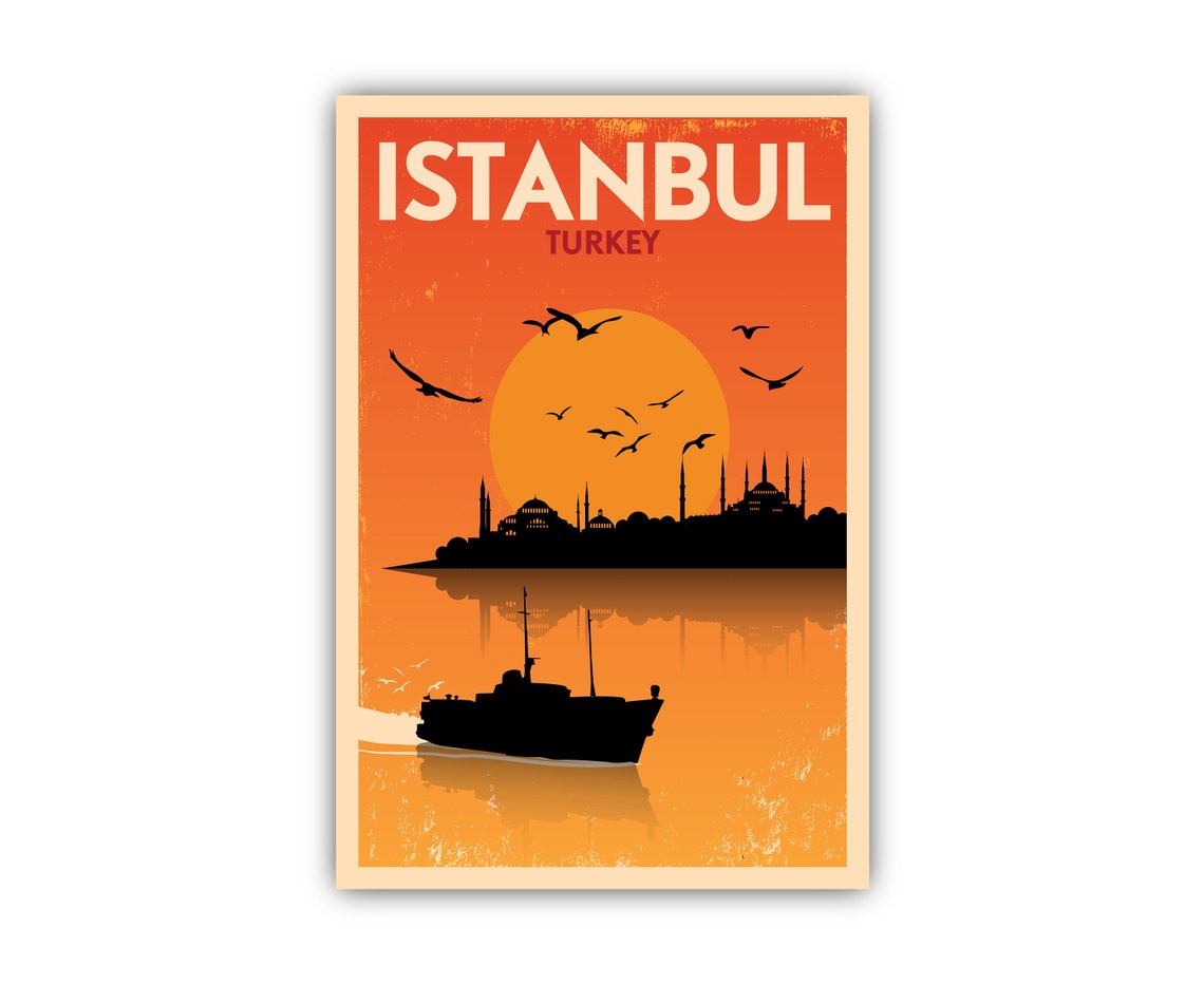 Istanbul Turkey Sunset Mosques Vintage Orange Retro Travel Poster - Image 2