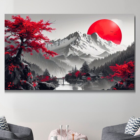 Japanese Temple and Red Sun Mountain Art Print
