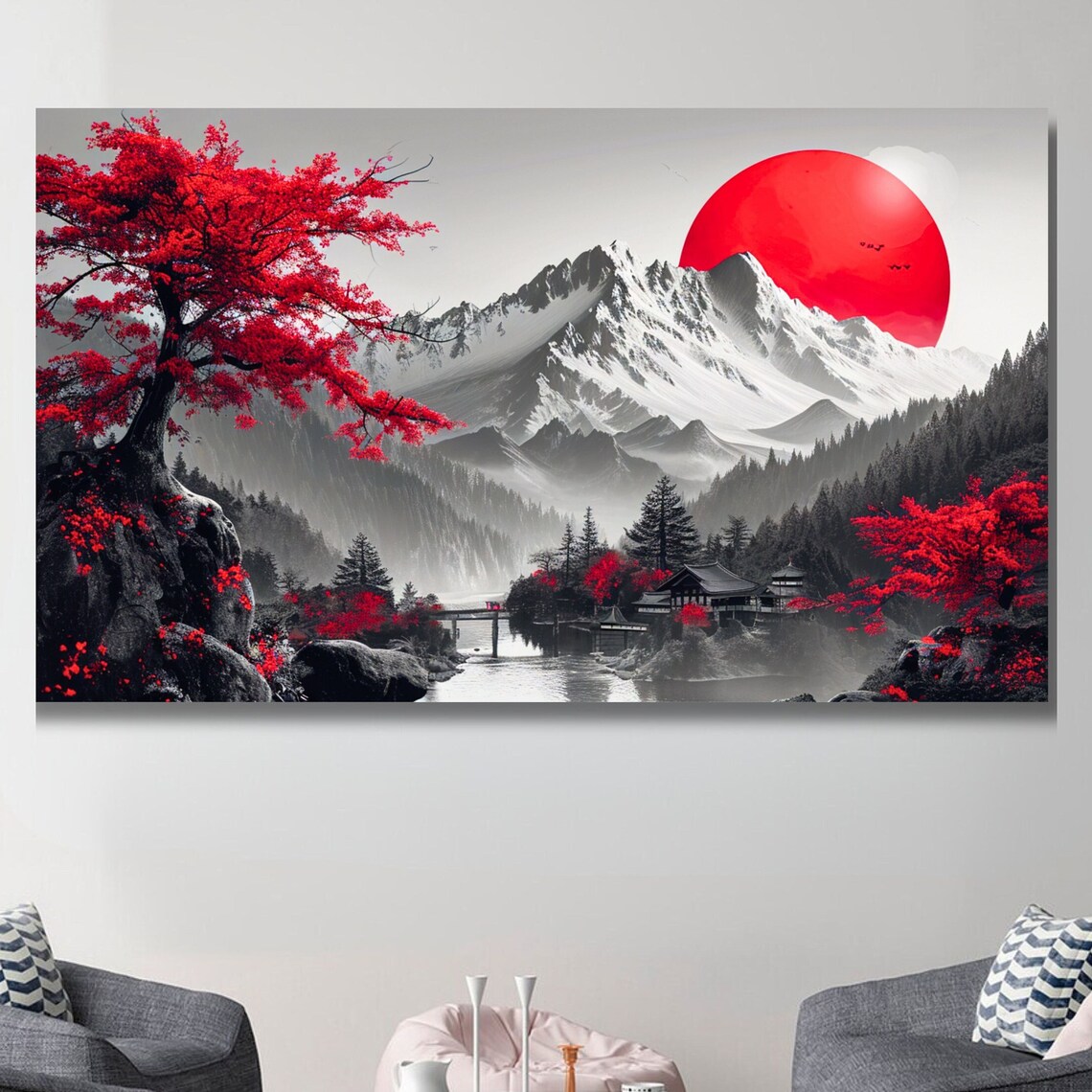 Japanese Temple and Red Sun Mountain Art Print