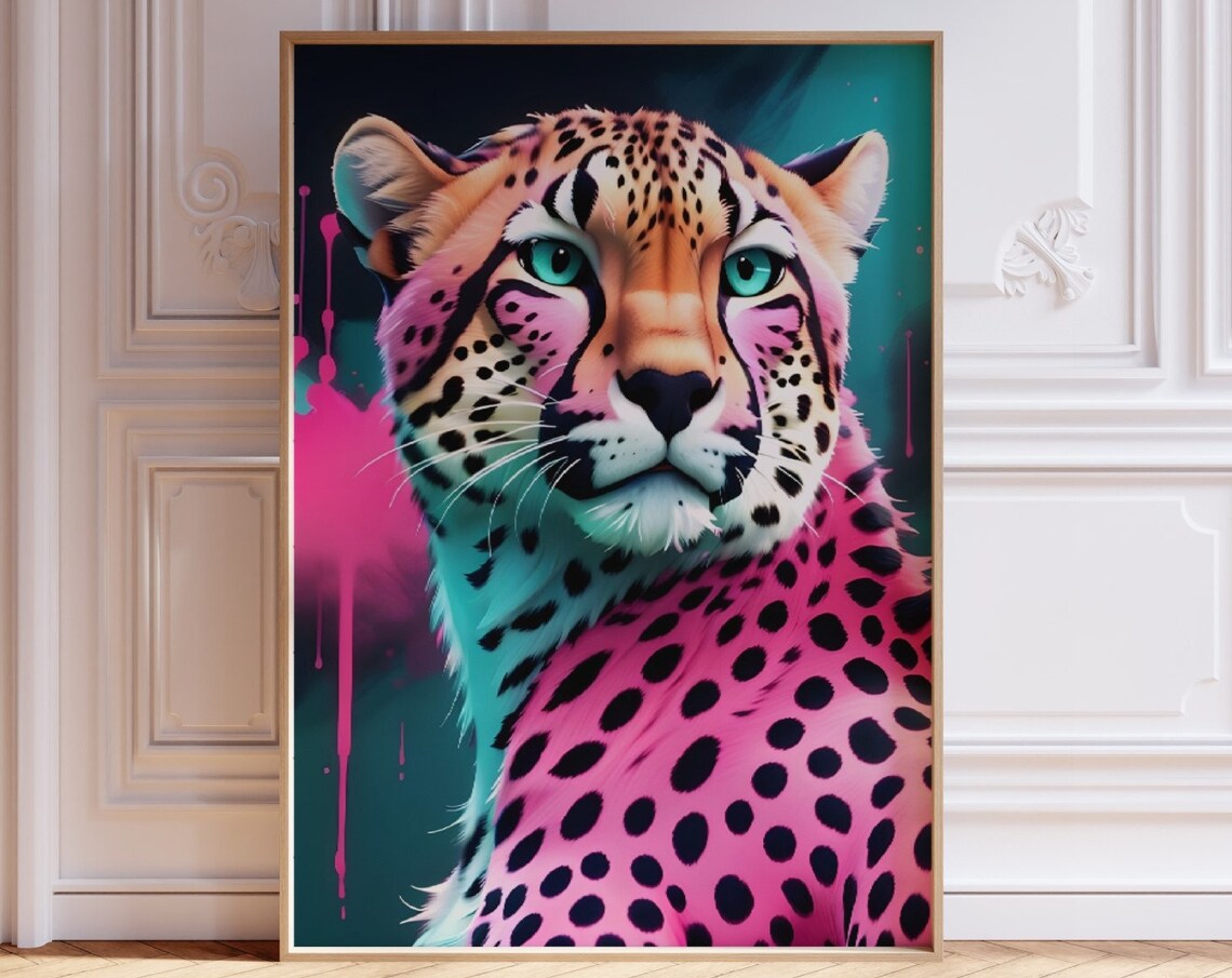 Pink Teal Neon Cheetah Portrait Pop Art Maximalist Animal Poster