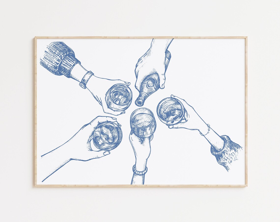 Hands Raising Glasses Cheers Blue Line Bar Cart Decor Poster