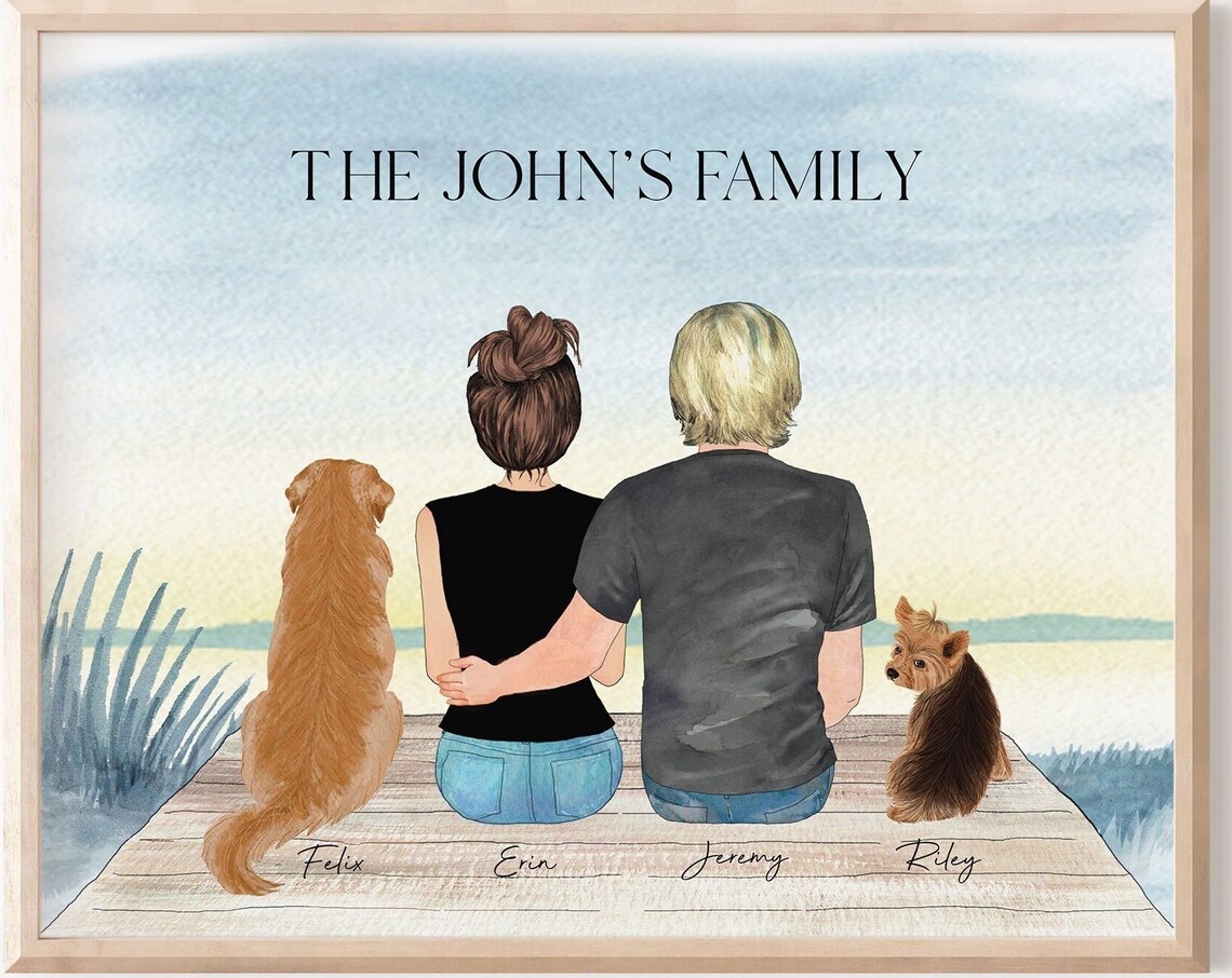 The John's Family Couple On Dock With Two Dogs Portrait Gift Poster