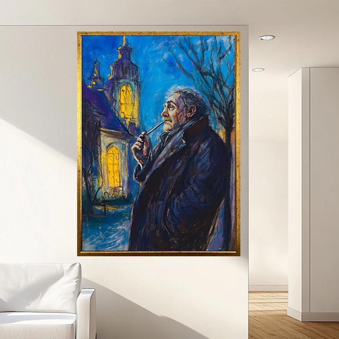 Old Man Wall Art Moody Night Scene Painting Blue Abstract Expressionism Old Man With Pipe Artwork Thoughtful Home Decor