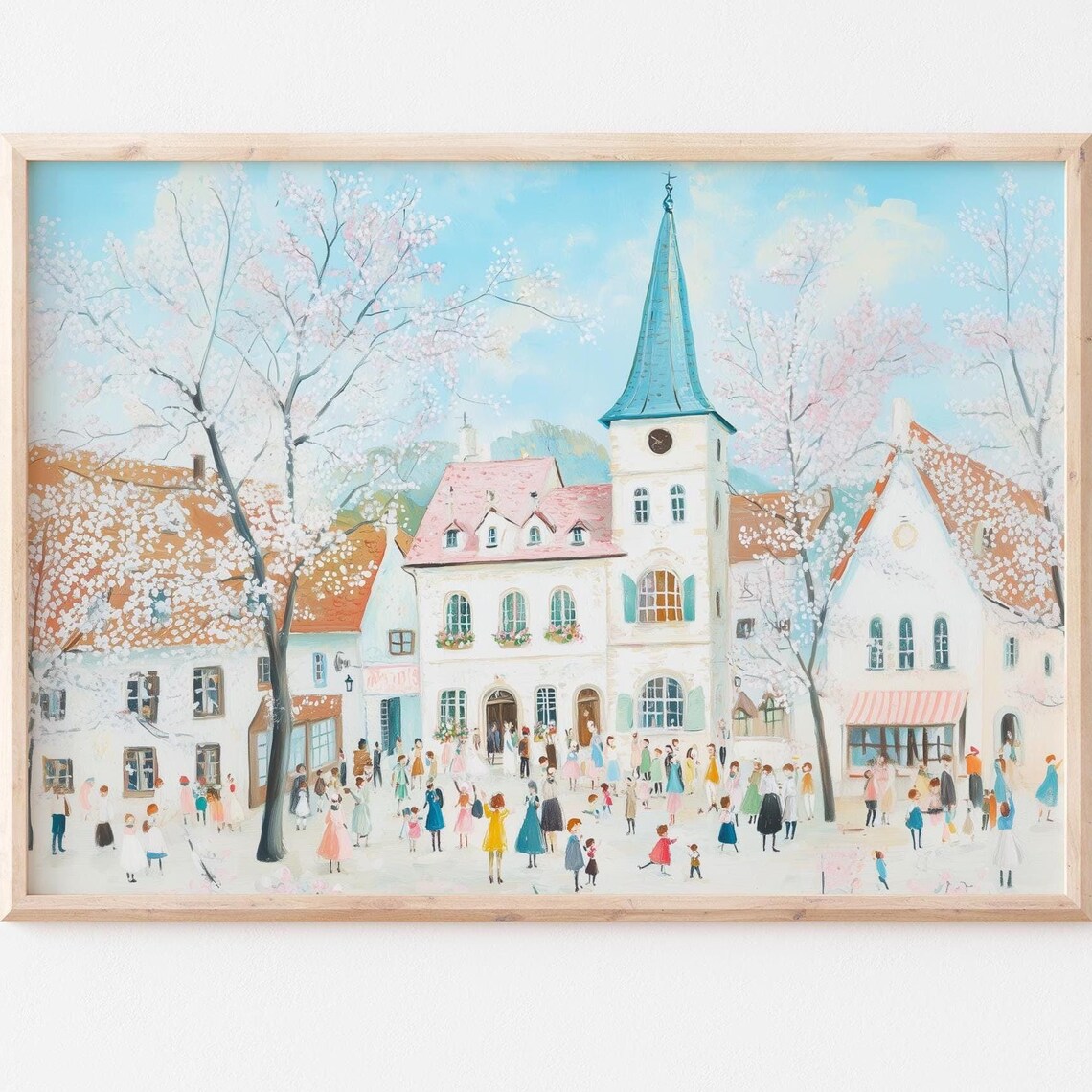 Pastel Village Spring Art Print, Seasonal Landscape