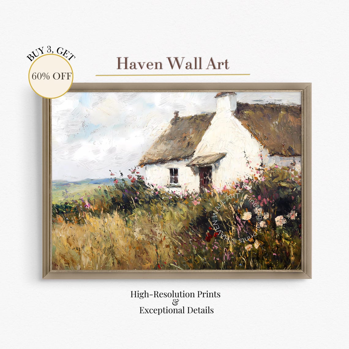 Charming White Thatched Cottage In Bloom Wildflower Garden Art Poster