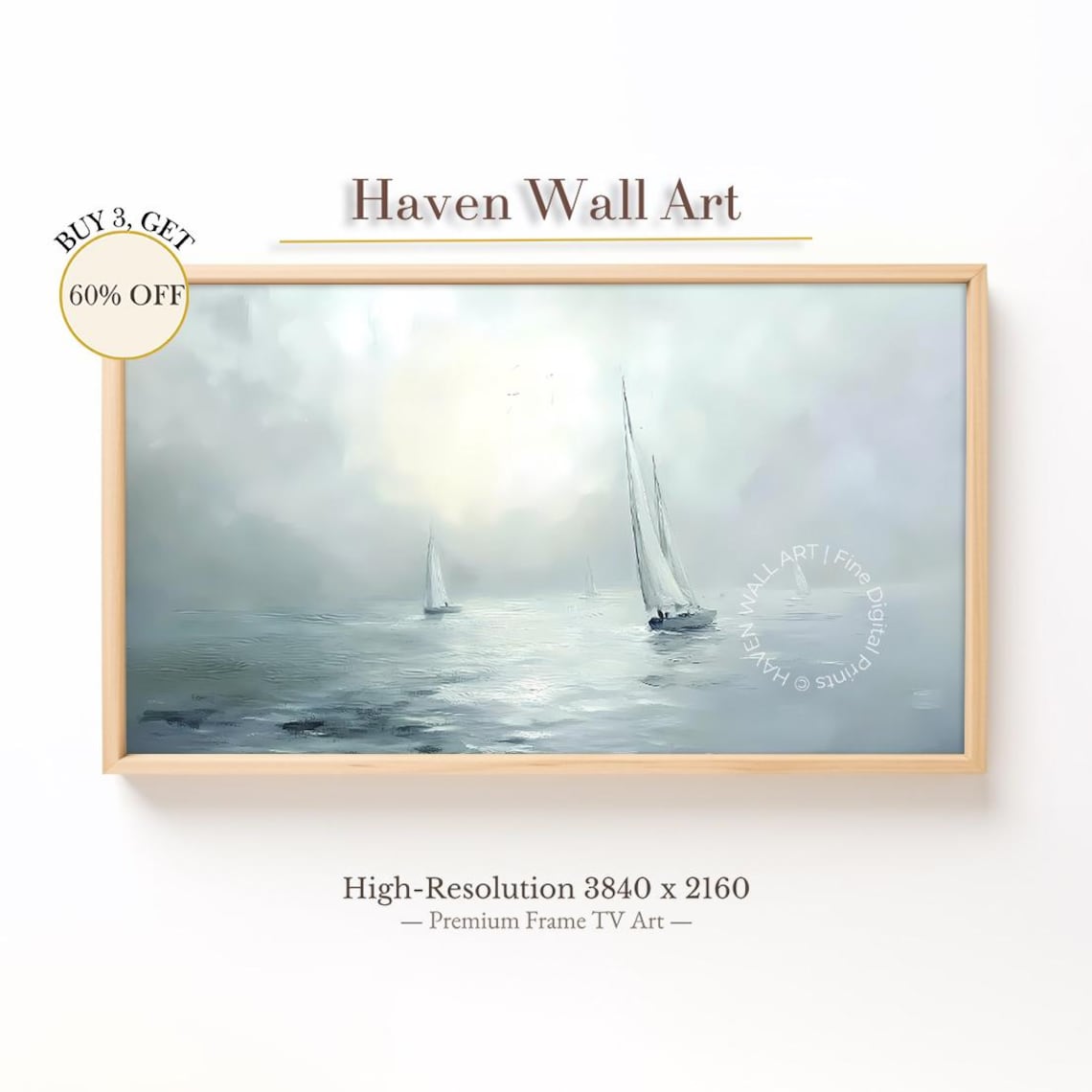 Misty Sailboats on a Calm Sea Dreamy Soft Nautical Painting Poster