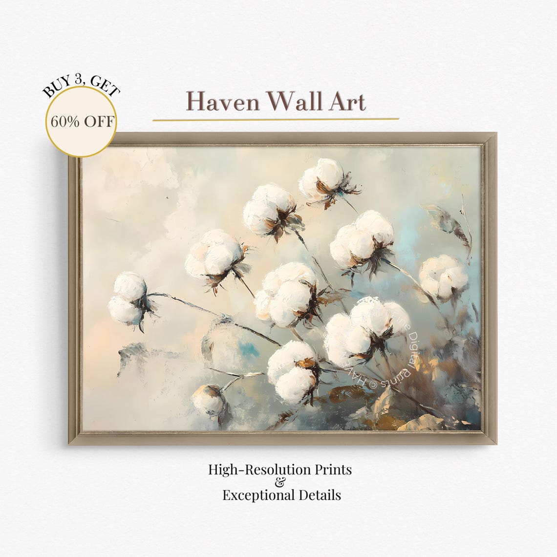 Vintage Cotton Bolls Soft Neutral Floral Rustic Farmhouse Art Poster