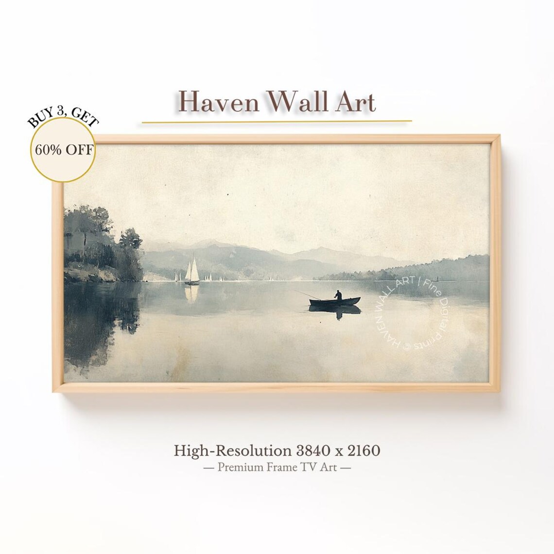 Fisherman in Boat Misty Morning Lake Watercolor Serene Wall Art