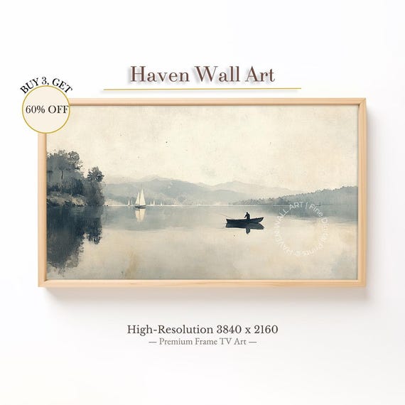 Fisherman In Morning Mist Vintage Watercolor Lake Scene Samsung Frame Tv Art Wall Tub126
