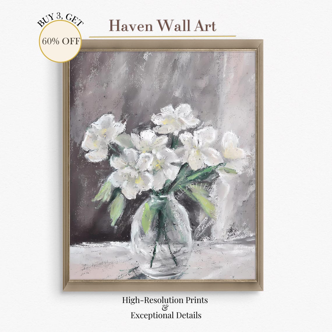 White Flowers in Glass Vase Monochrome Still Life Painting Poster