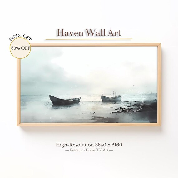 Two Small Boats in Misty Dawn Light Minimalist Neutral Coastal Poster