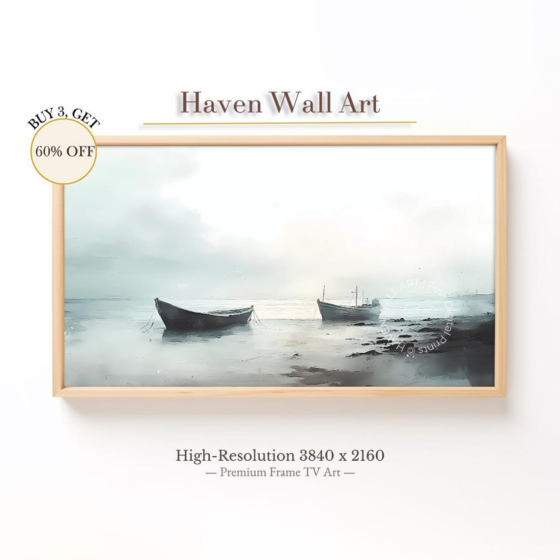 Two Small Boats in Misty Dawn Light Minimalist Neutral Coastal Poster