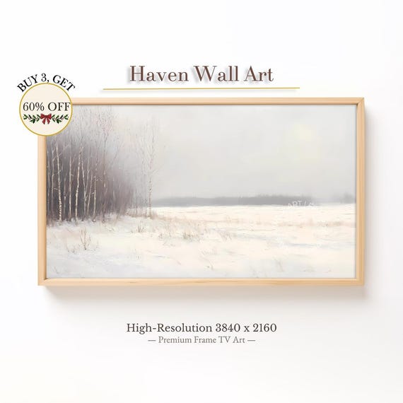 Winter Birch Forest Snowy Field Landscape Samsung Frame Tv Art Minimalist Decor Vintage Twl015