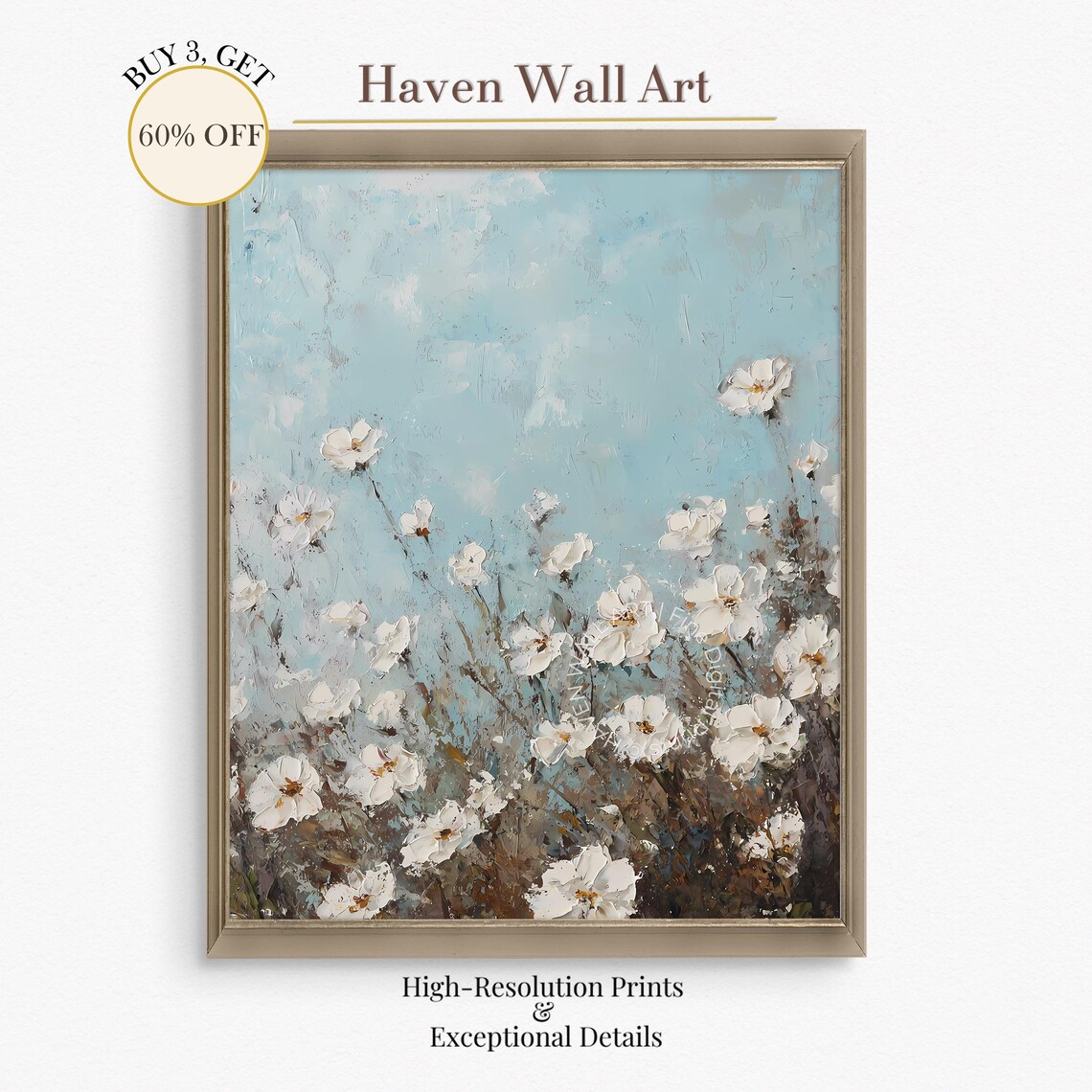 White Wildflowers on Blue Abstract Textured Floral Painting Poster
