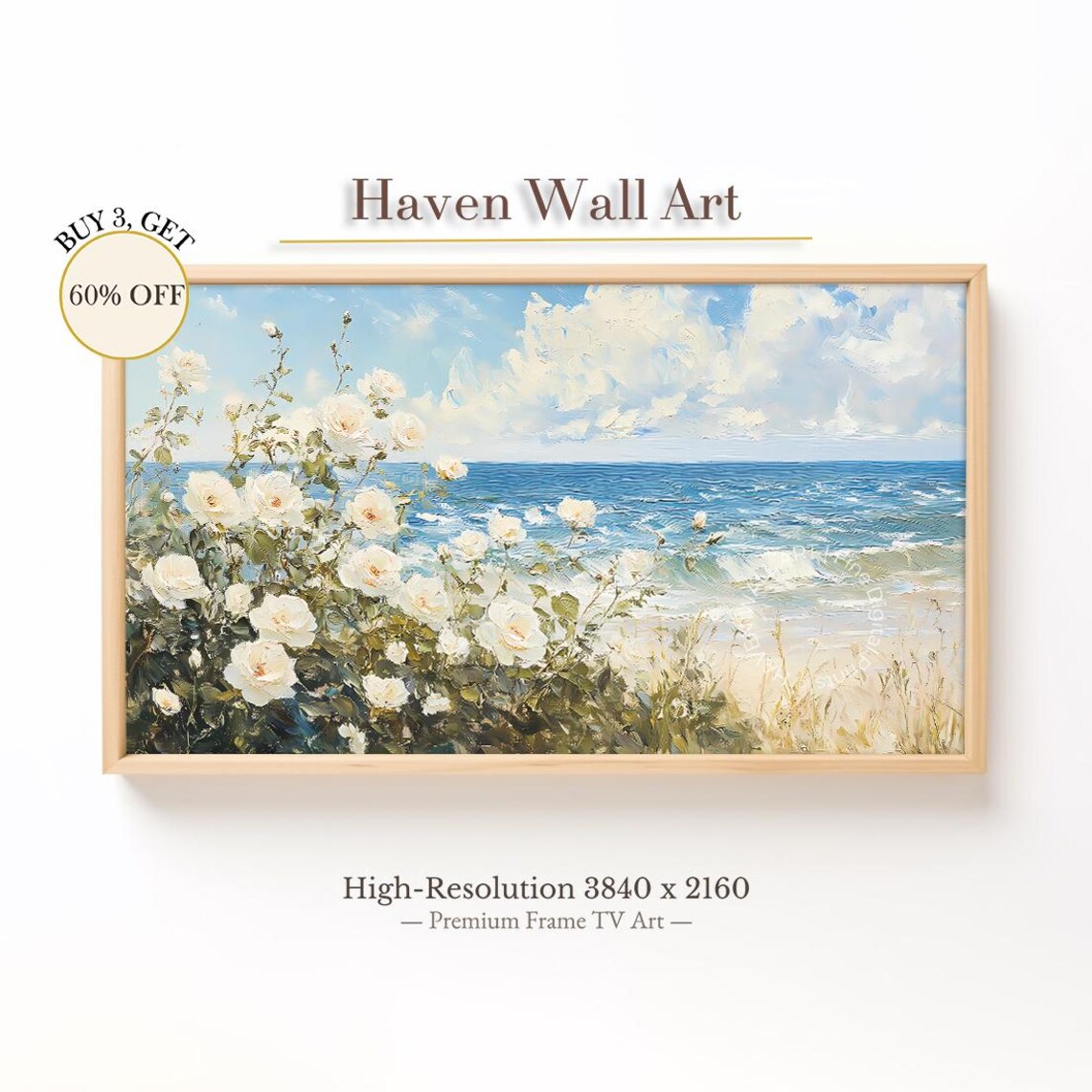 White Roses by the Sea Bright Summer Beach Floral Seascape Poster