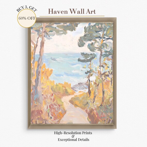 Autumn Coastal Path Print With Golden Brush Leading To Blue Sea
