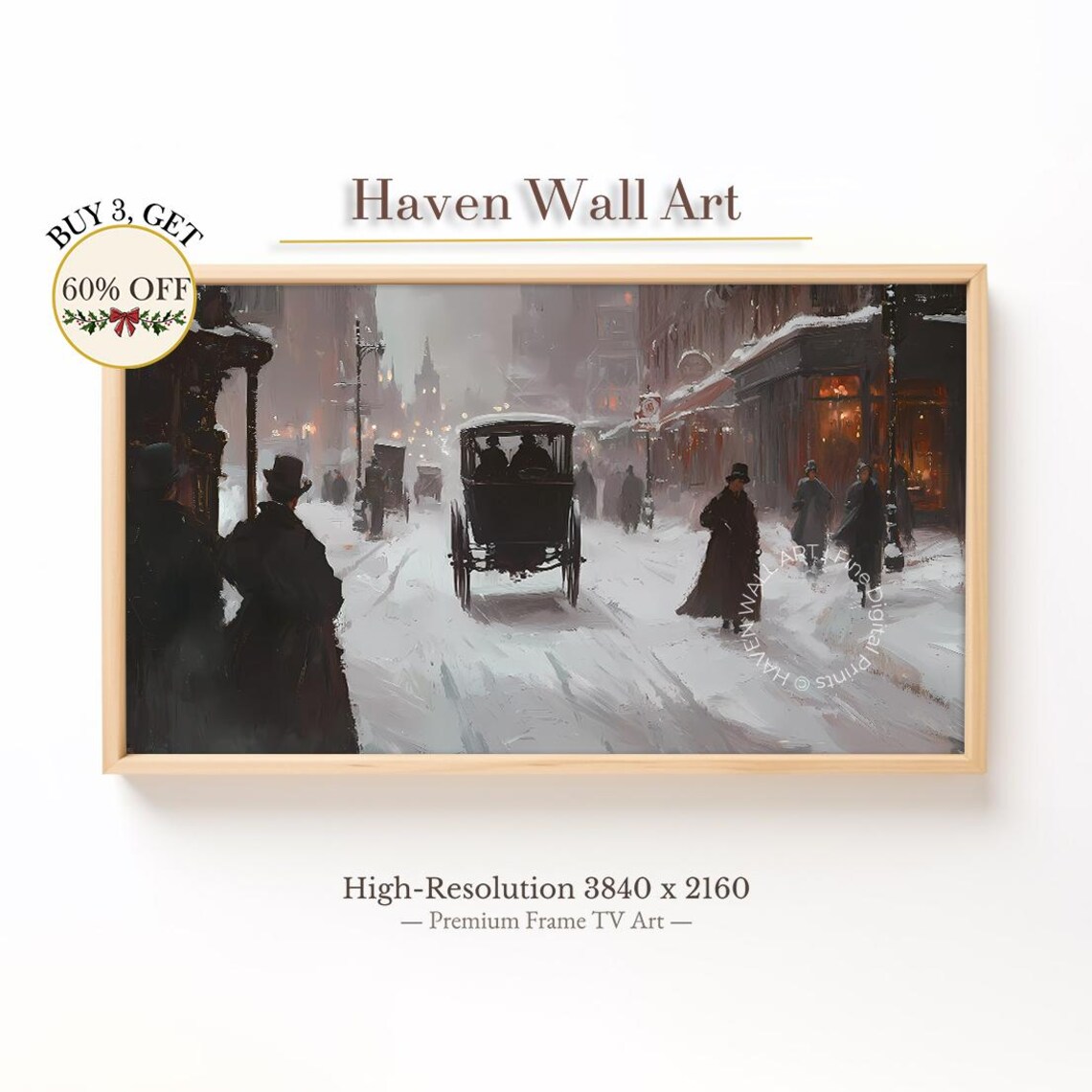 Victorian Snowy Street Horse Carriage Lamplit Shops Winter Poster