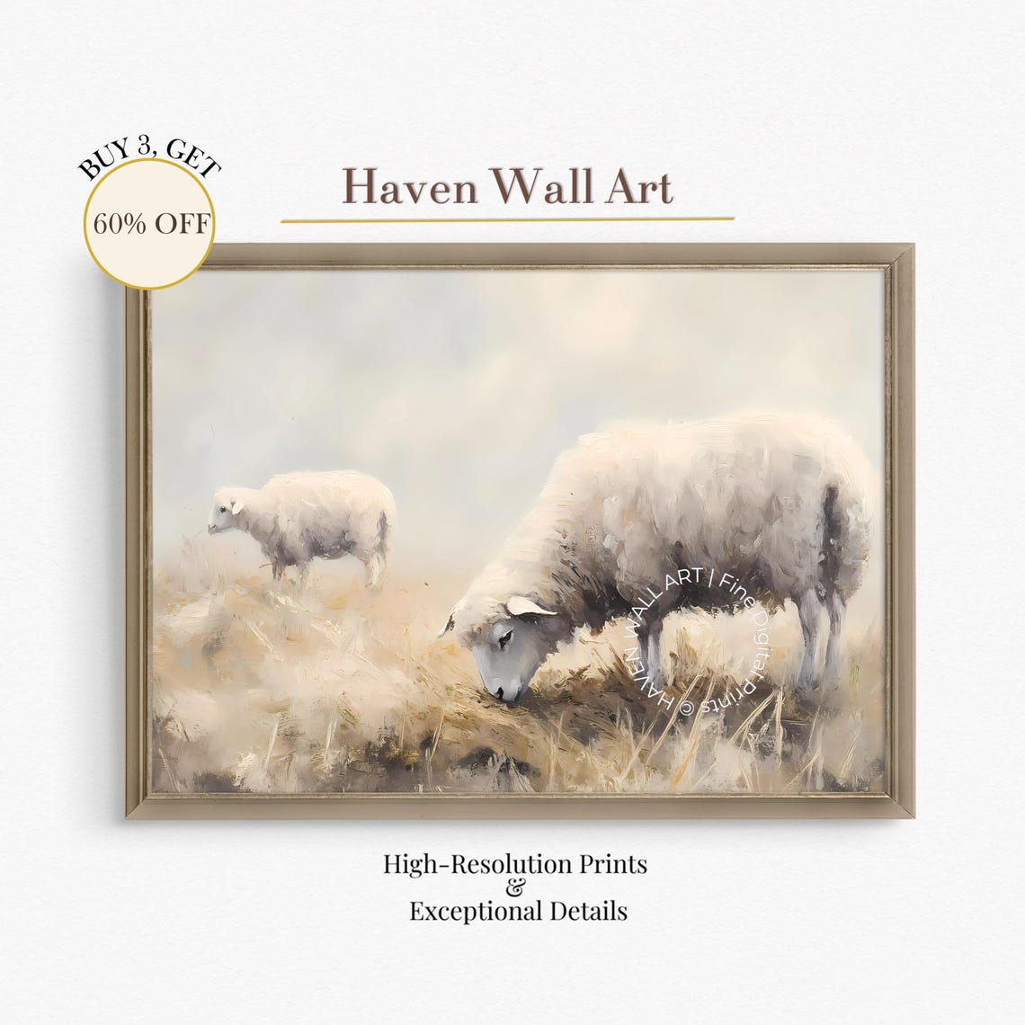 Two White Sheep Grazing Soft Beige Meadow Minimalist Farmhouse Poster