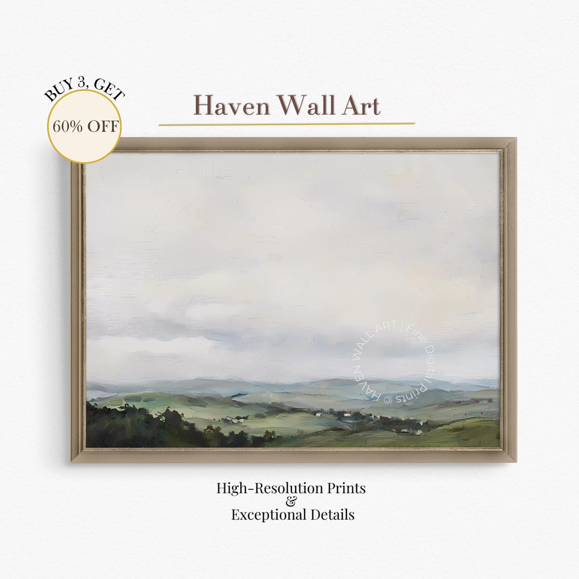 Misty Countryside Rolling Green Hills Pastel Landscape Wall Art