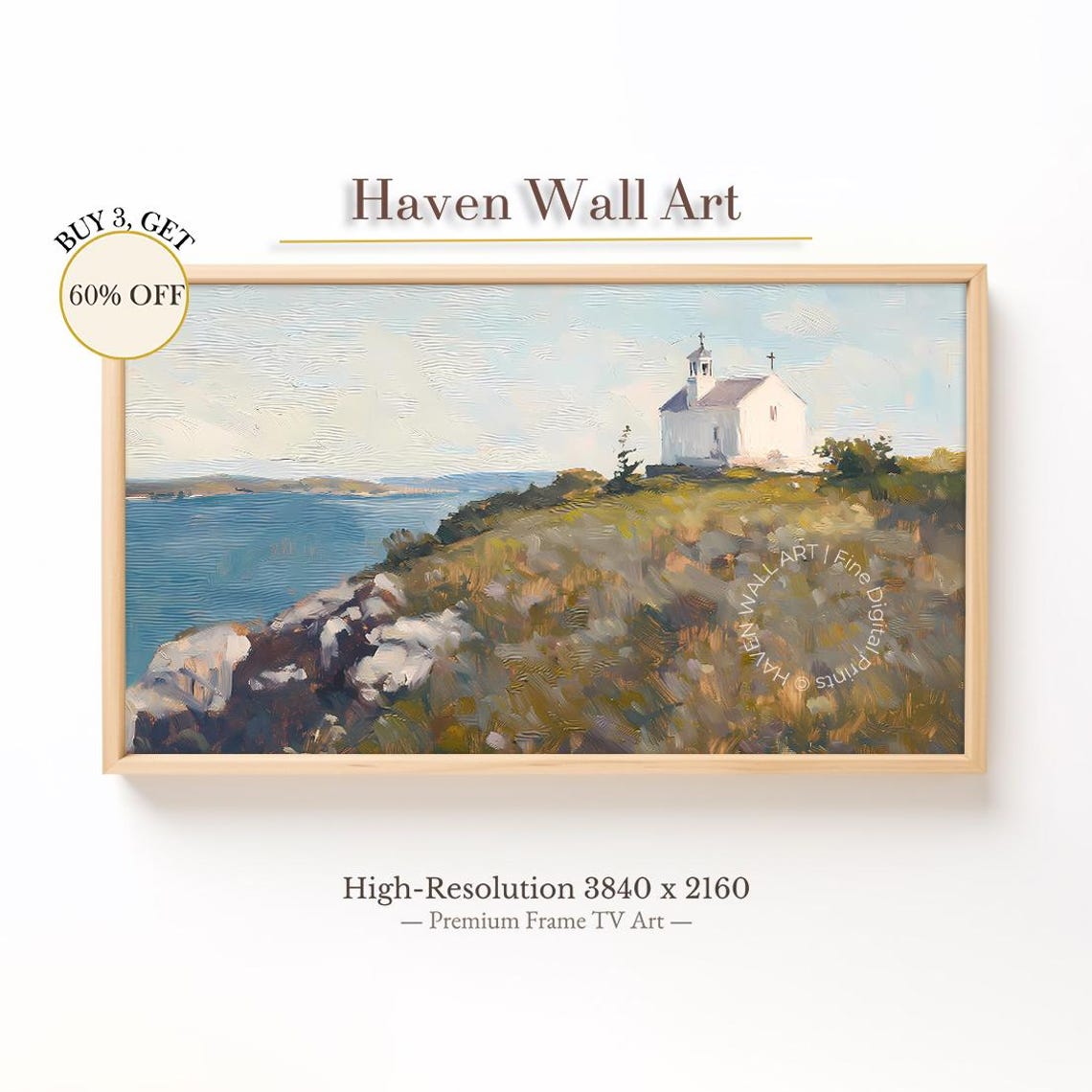 White Chapel Coastal Bluff Seaside Church Vintage Art Poster