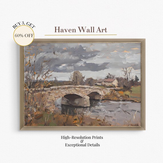 Rustic Stone Bridge Over River Impressionist Autumn Oil Painting Wall Art