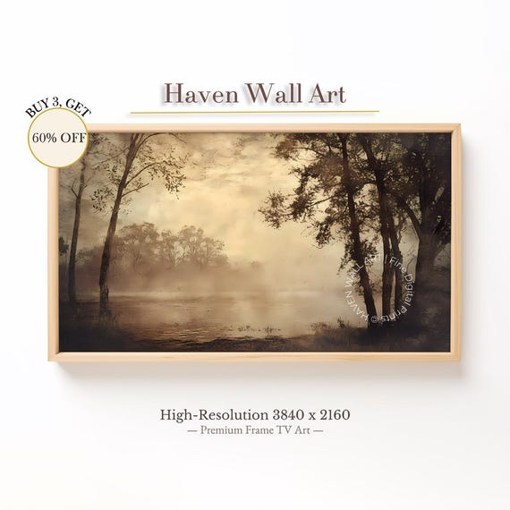 Vintage Autumn Forest Lake Frame Tv Art Moody Rustic Samsung Sepia Landscape Painting Tav014