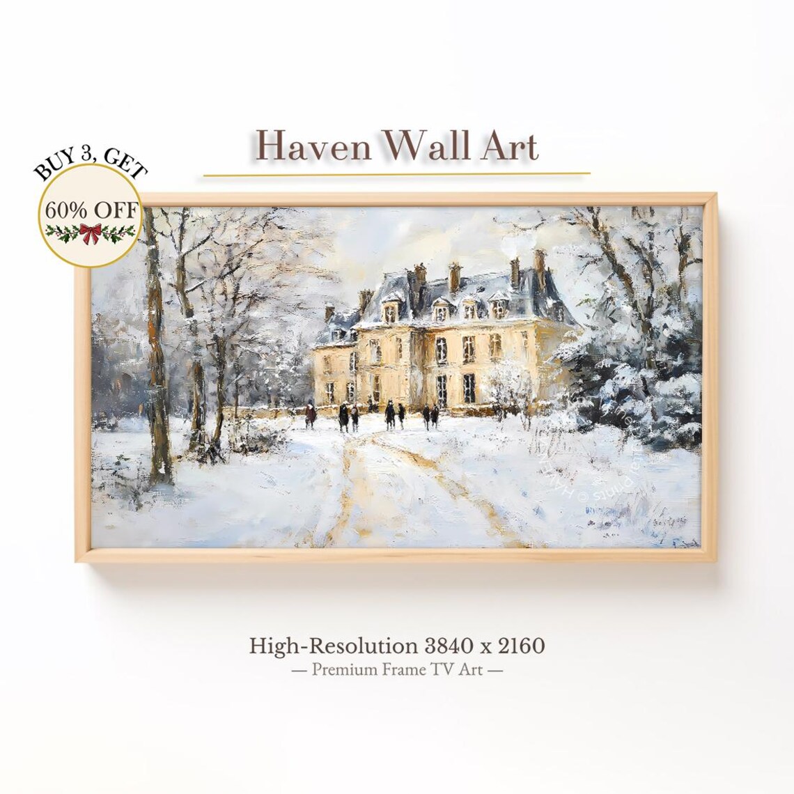 French Chateau in Winter Snow Elegant Vintage Holiday Scene Poster
