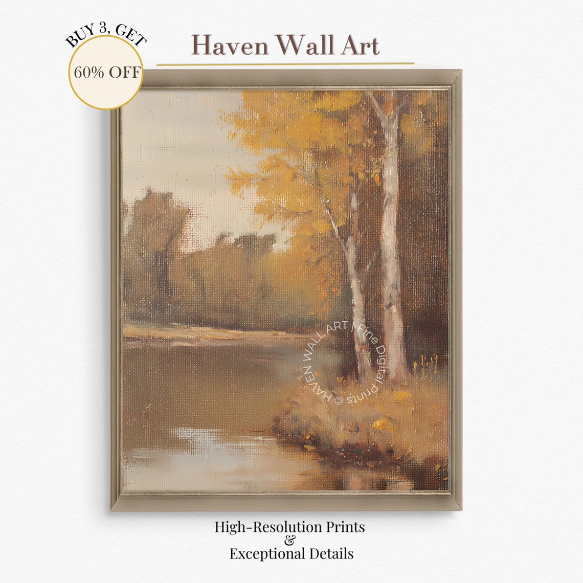 Moody Autumn Birch Trees by Lake Painting Warm Earth Tones Poster